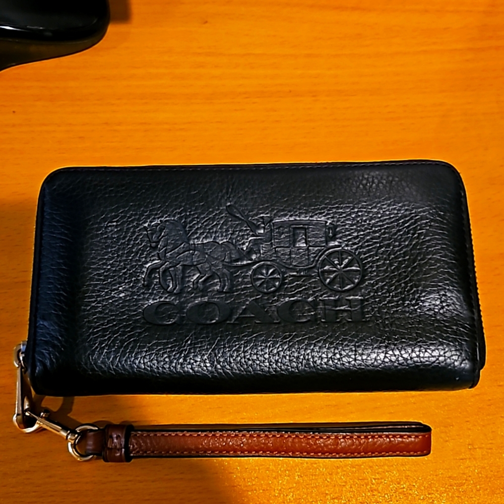 Coach Black Leather Zip Wallet with Brown Wristlet